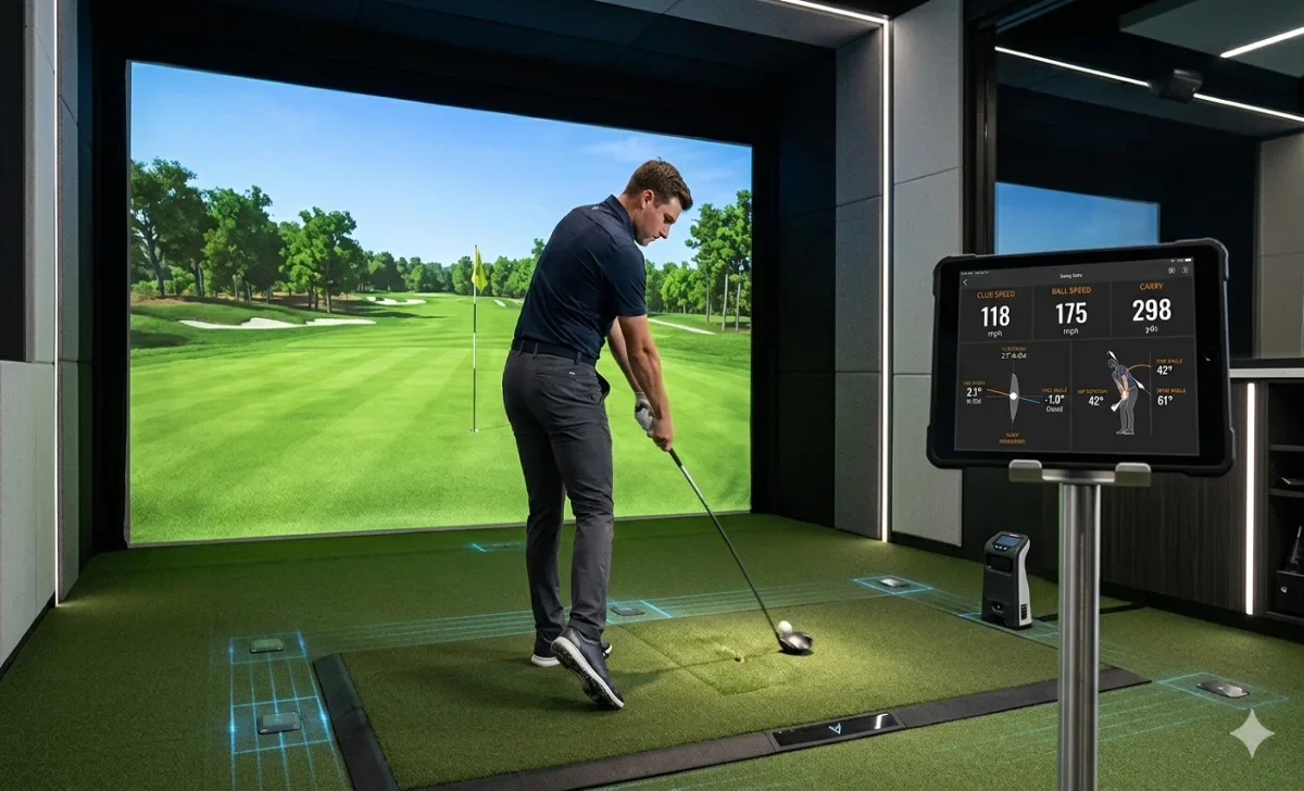 Golfer using a modern golf simulator with real-time swing analysis data on screen at the 2026 PGA Innovation Showcase