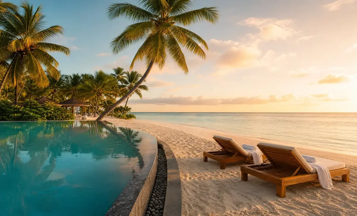 Adults-only all-inclusive resort pool and beach in Punta Cana at sunset