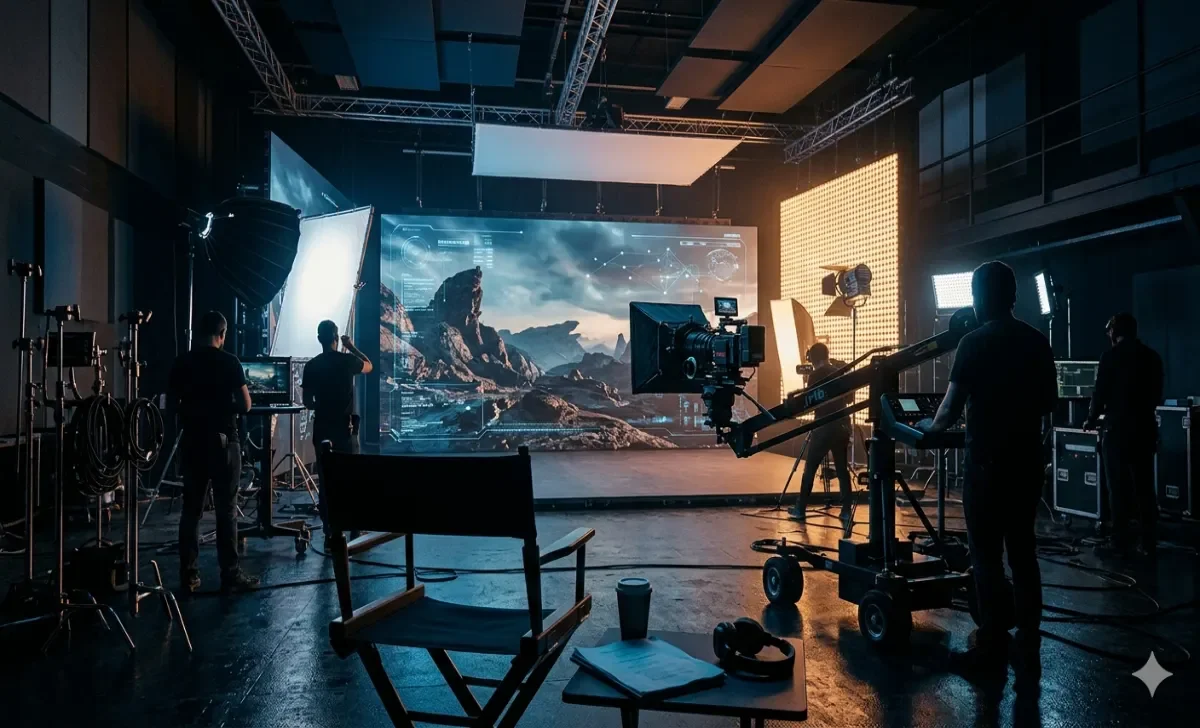 AI in Hollywood changing film production with digital tools on a modern movie set