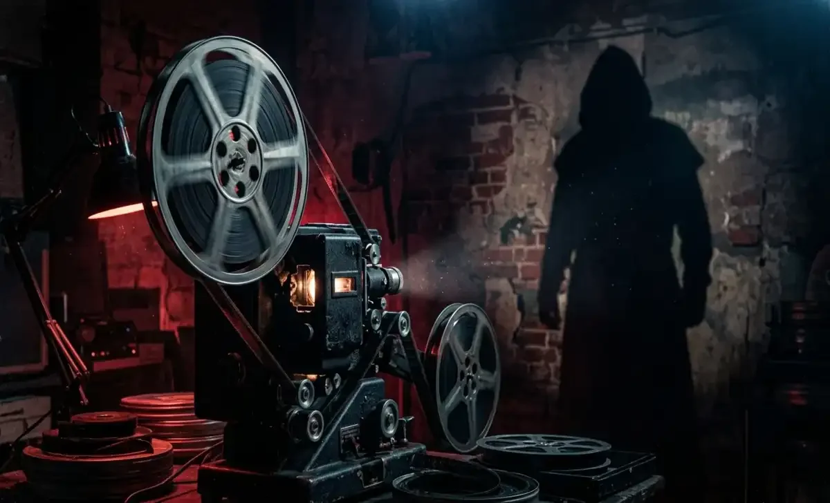 A dark cinematic scene representing the best scary movies of all time