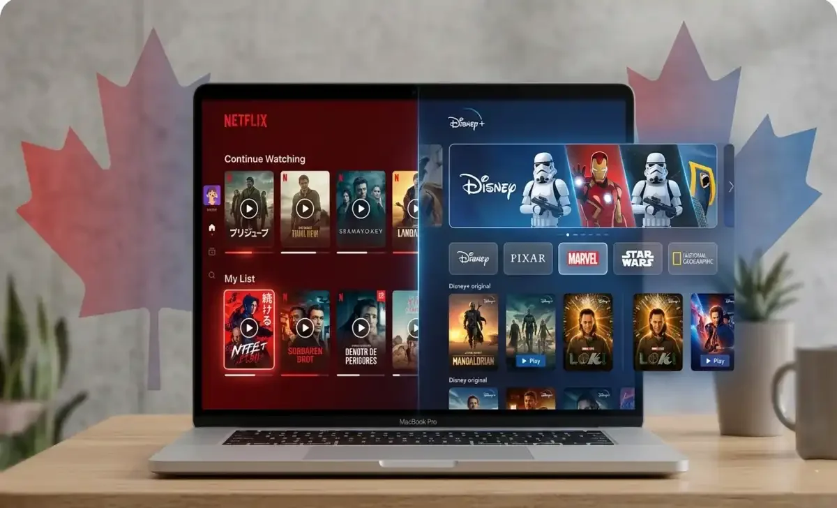 Canada Netflix Disney Plus streaming options on a laptop