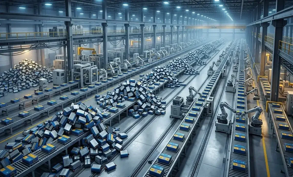 China battery overcapacity — factory production lines with excess lithium-ion battery output