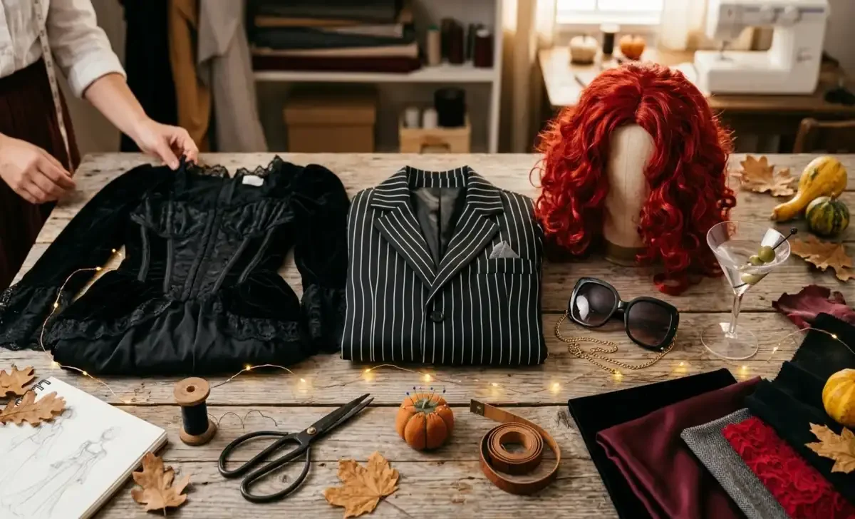 costume design for dysfunctional family group Halloween costume flat lay