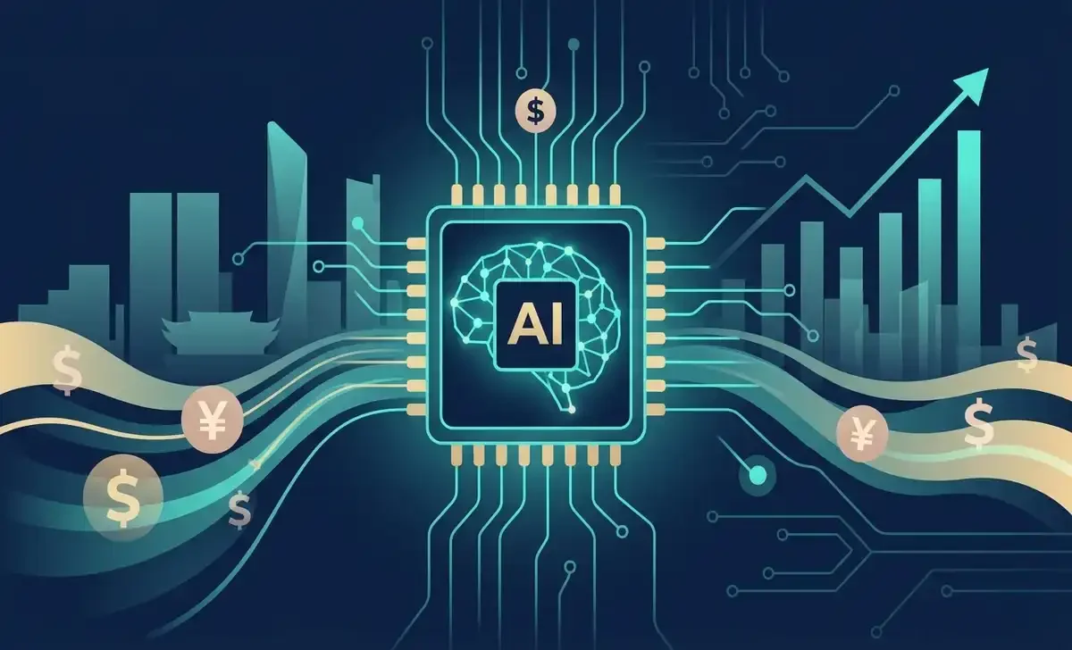 DeepSeek funding — AI brain chip with financial data streams and Chinese city skyline in the background