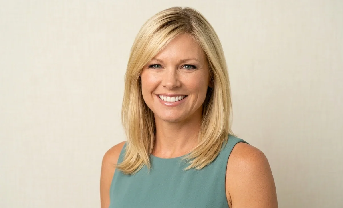 Denika Kisty smiling in a teal top against a neutral background