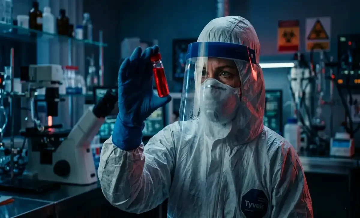 scientist in lab holding vial related to Ebola virus research