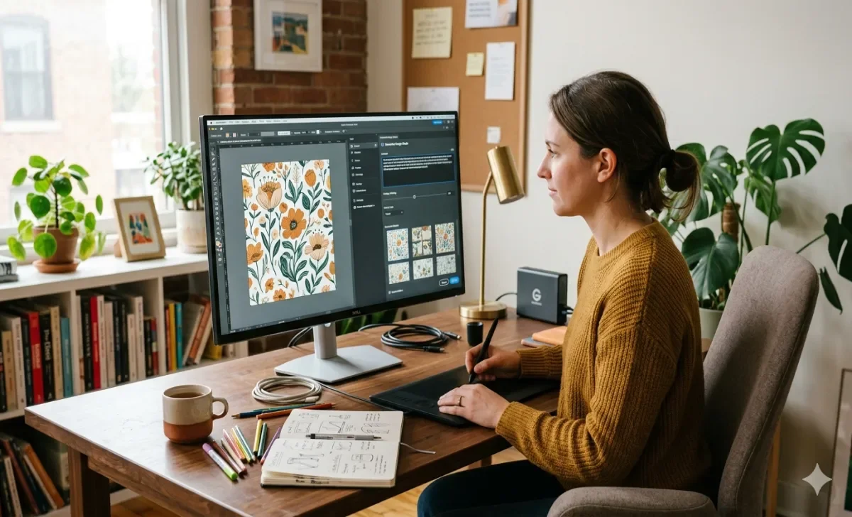 A designer using generative AI tools alongside traditional creative work on a desktop screen in 2026