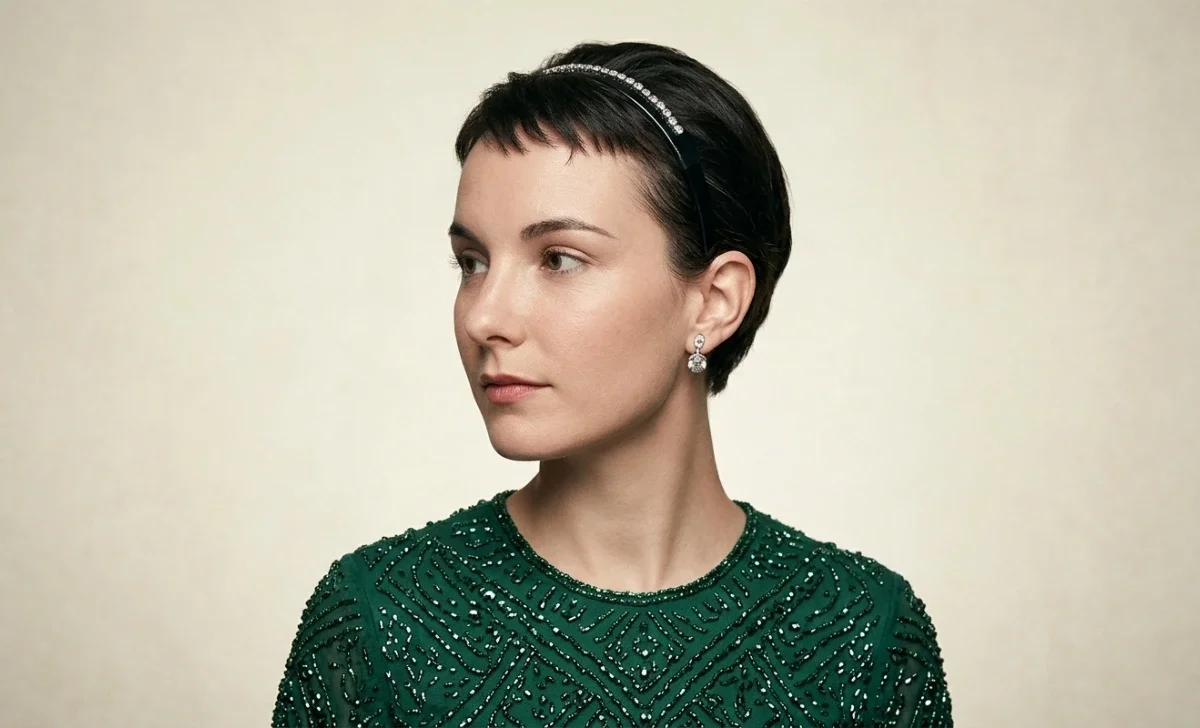 Harlene Rosen, Woody Allen's first wife, in a green beaded top and crystal headband