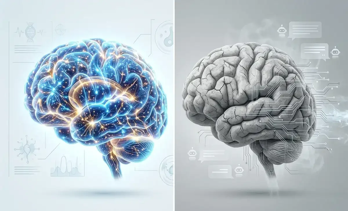 Stop AI brain damage — healthy vs damaged human brain illustration
