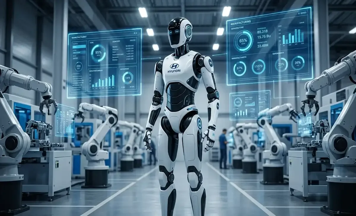 Hyundai robot standing on a smart factory floor with robotic arms and AI interfaces