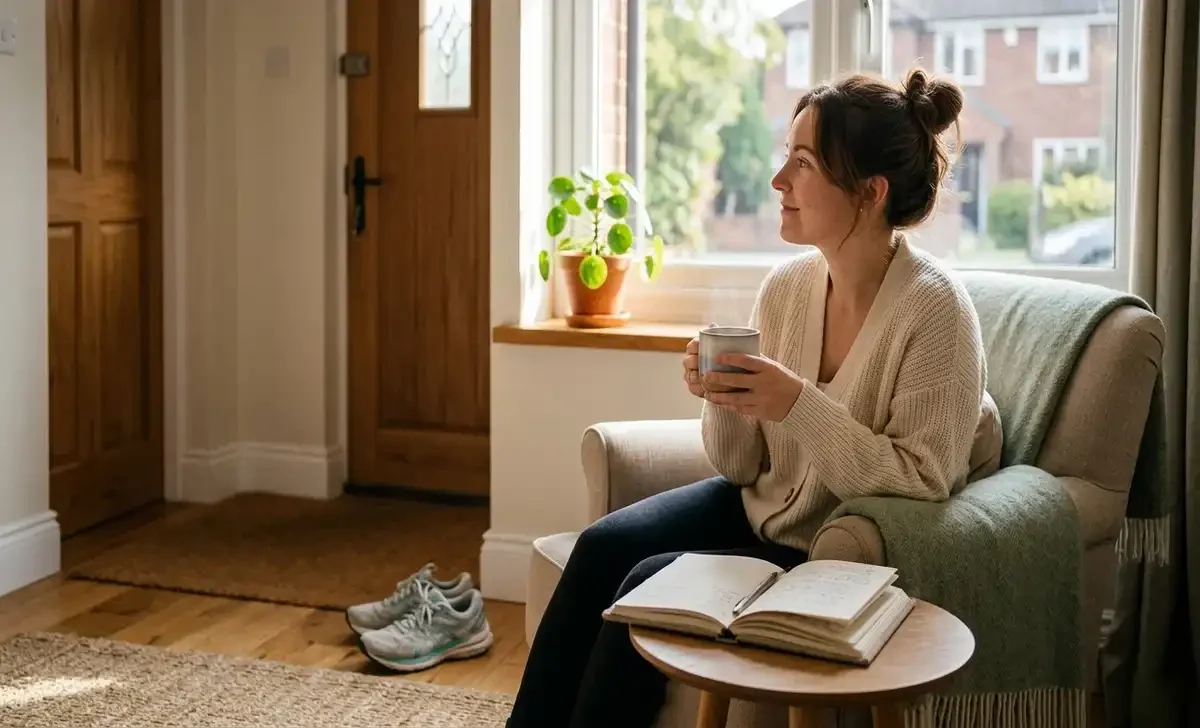 A person sitting by a window in the morning practising lifestyle habits for depression with a journal and tea