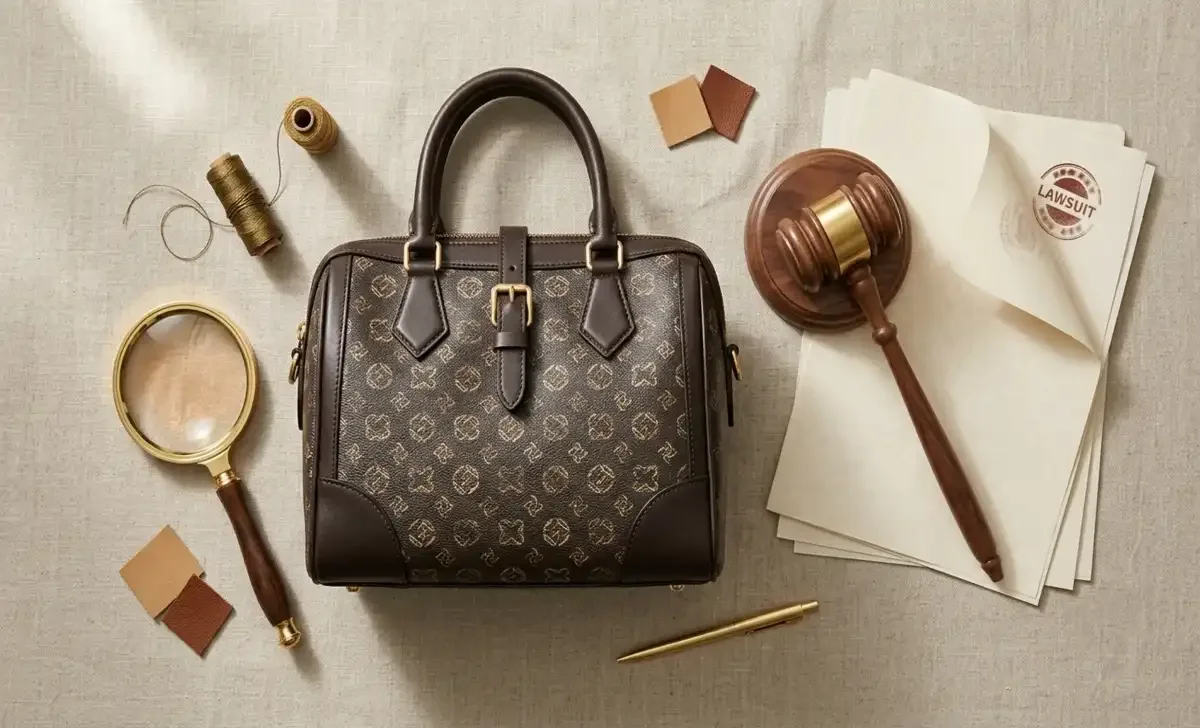 Louis Vuitton lawsuit case shown with handbag and legal gavel