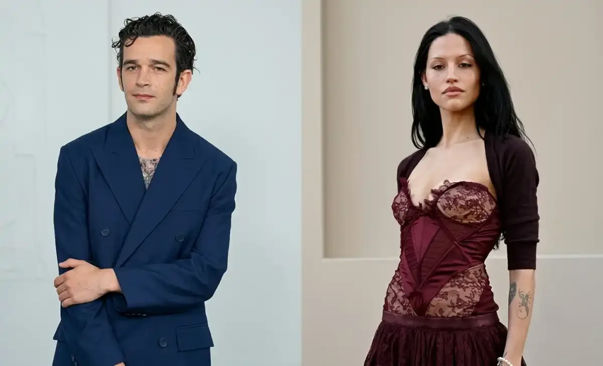 Matty Healy and Gabbriette Bechtel side by side portrait before their wedding