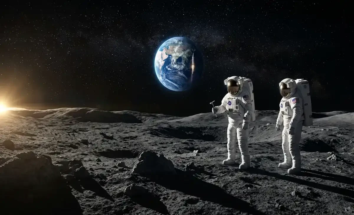 NASA astronauts walking on the Moon's south pole during the Artemis Moon mission