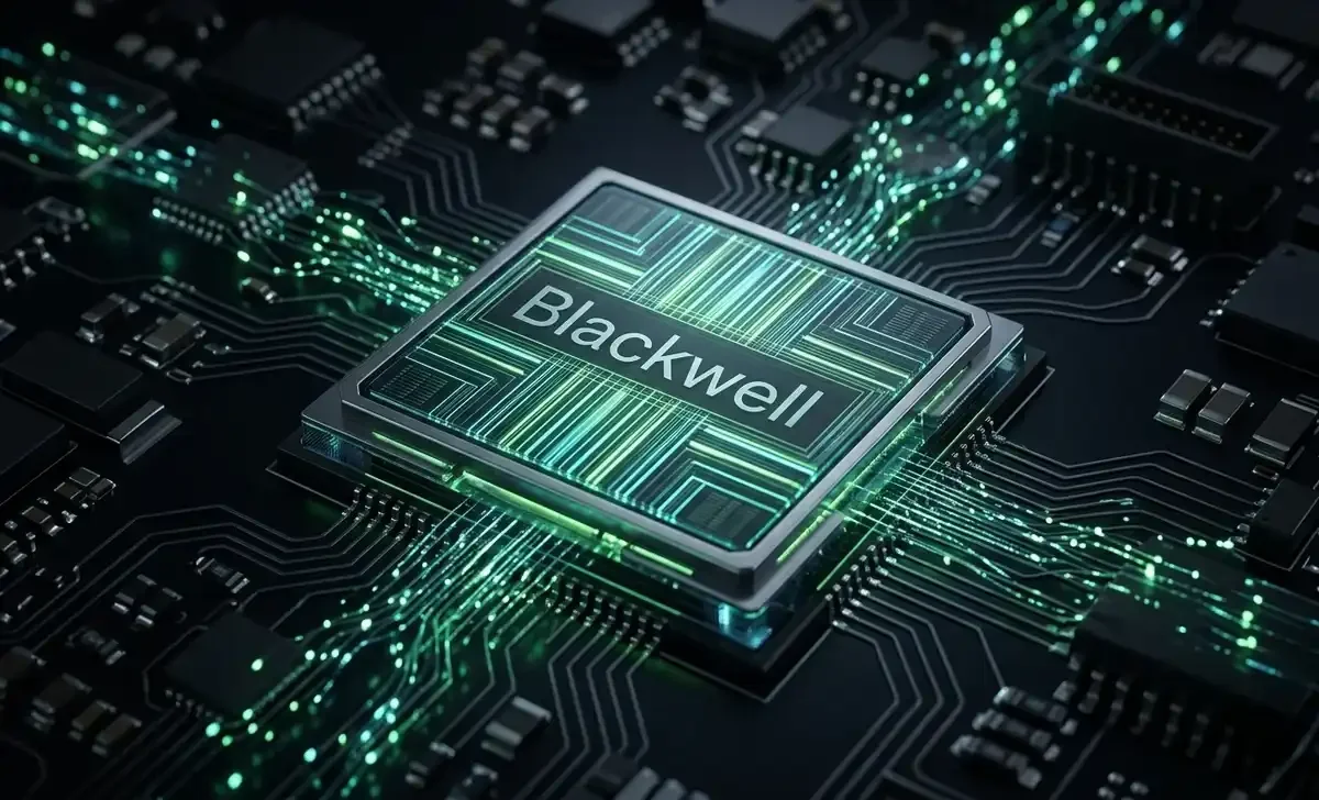 Nvidia Blackwell chip close-up with glowing AI circuit board and data streams