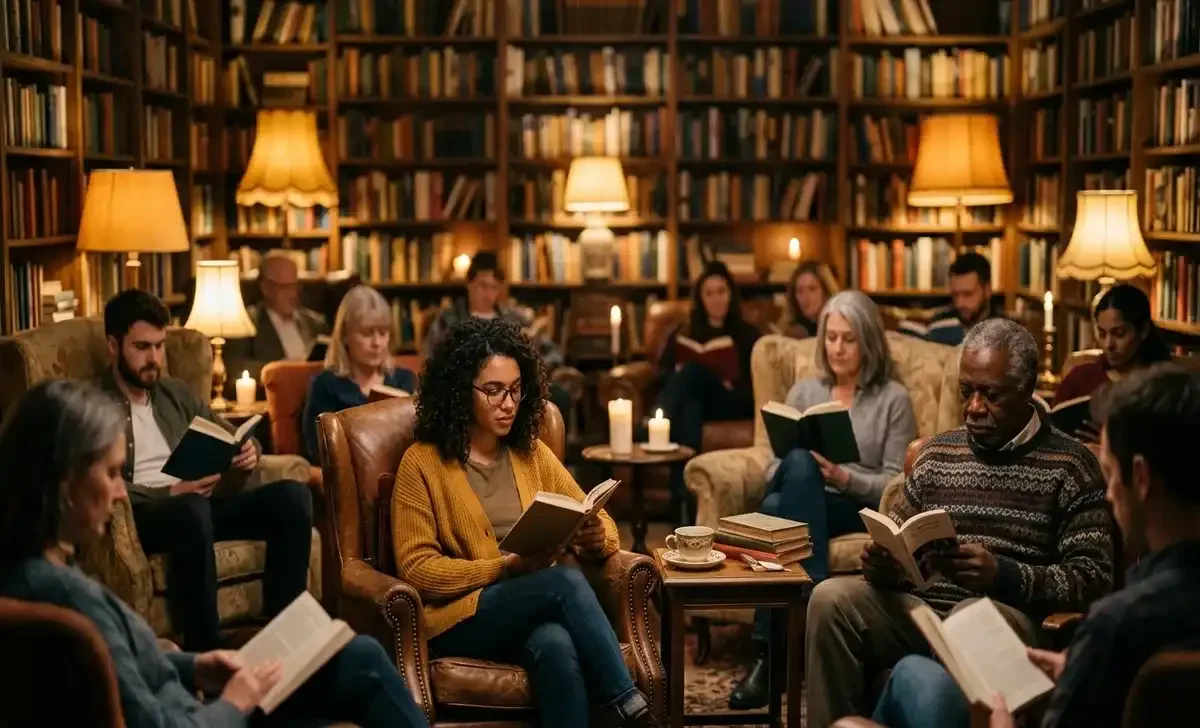 A group of strangers reading books together in a cozy, warmly lit room — a silent reading among strangers event