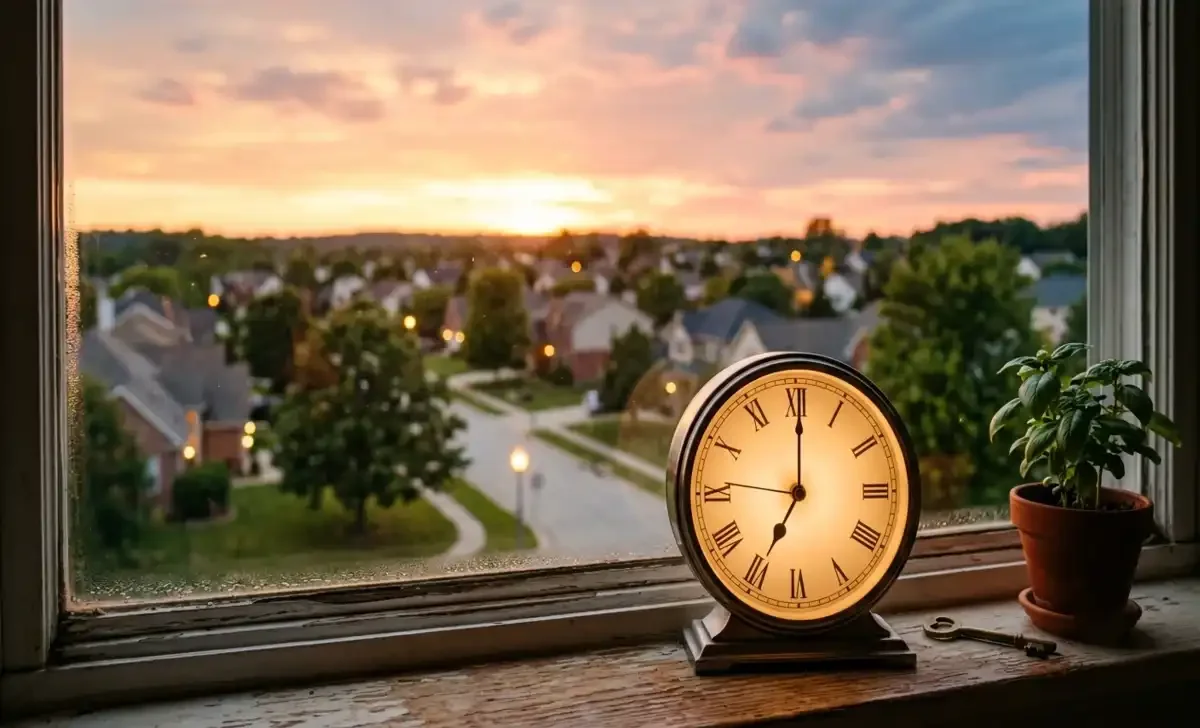 Clock and sunset showing permanent daylight saving time evening light