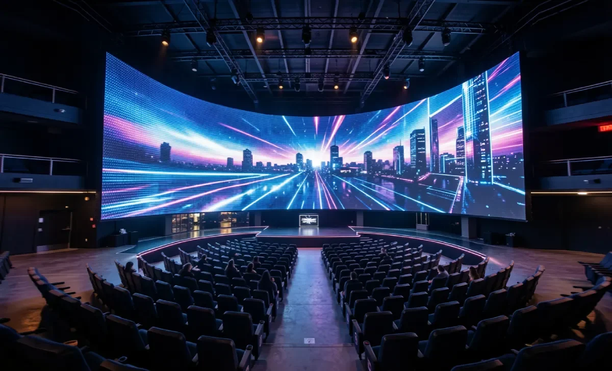 Inside a large immersive entertainment venue with a wraparound LED screen at the PGA Innovation Showcase 2026