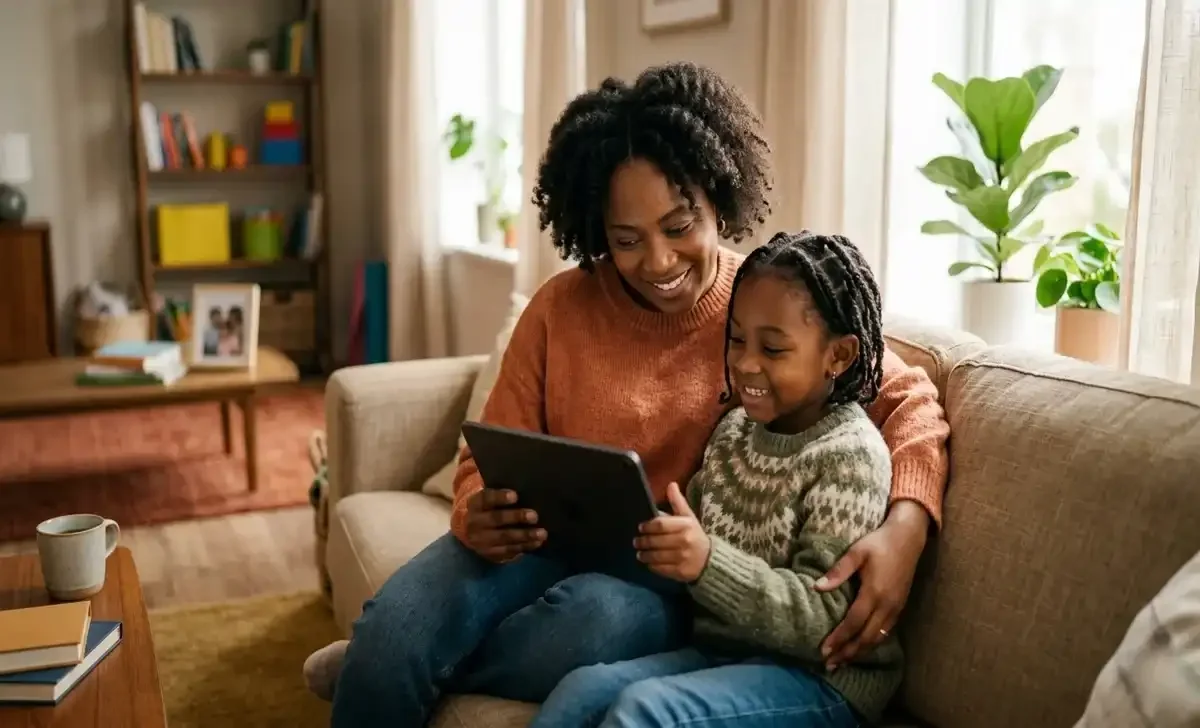 mother and child managing screen time for kids together at home