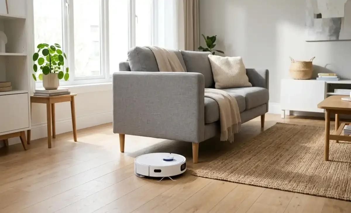 Smart vacuum cleaning a modern living room floor