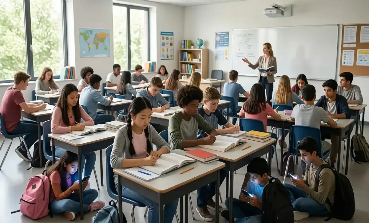 Students using smartphones in schools during class