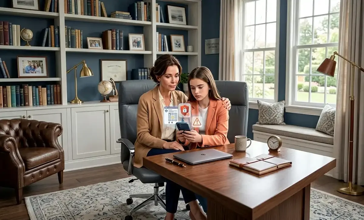 A parent and teen looking at a phone showing social media age restrictions