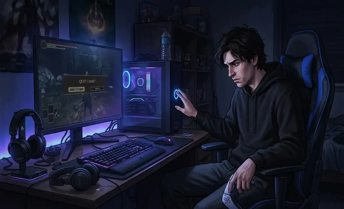 A gamer about to quit a game on screen — reasons to stop switching off games early