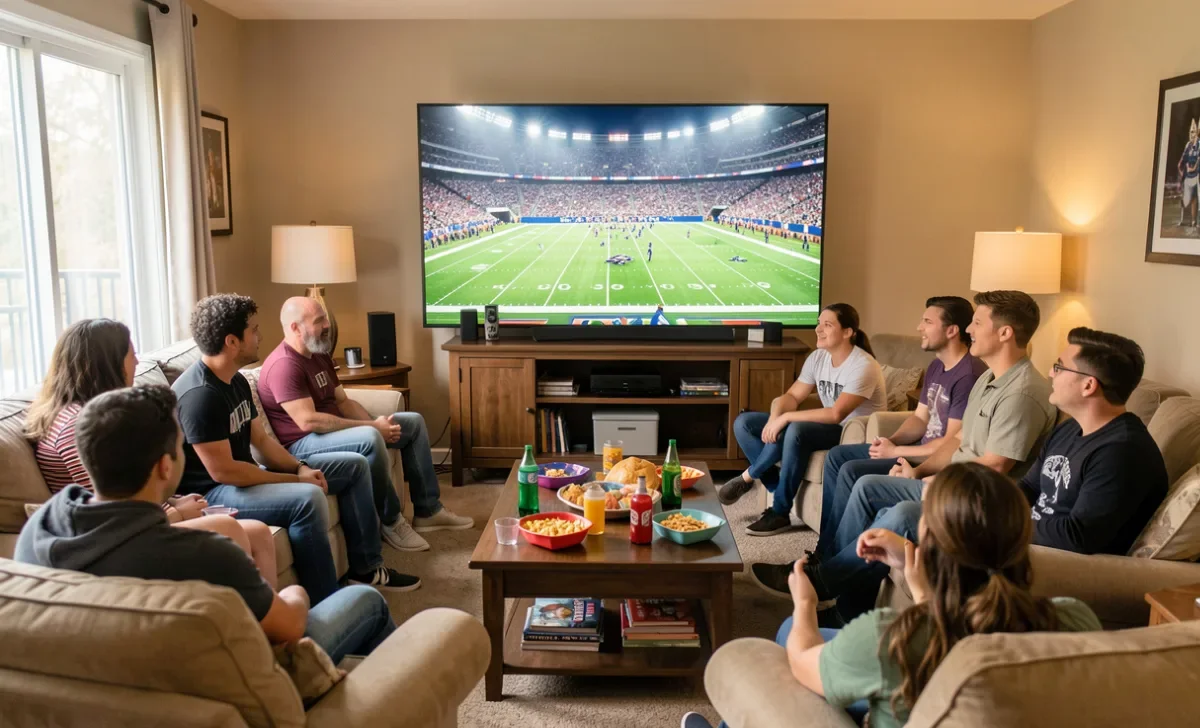 Fans watching Super Bowl LX viewership event on TV during a home watch party in 2026