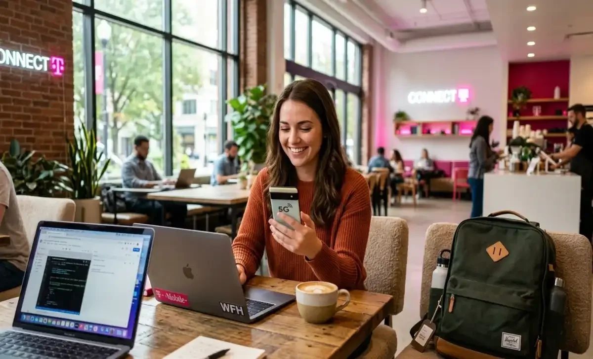 Person using T-Mobile 5G smartphone in a modern lifestyle setting