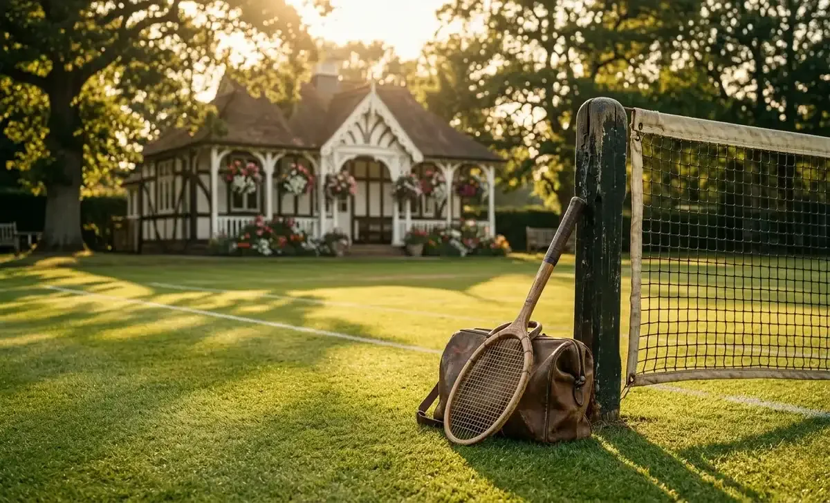 Vintage wooden tennis racket on a grass court representing tennis heritage and history
