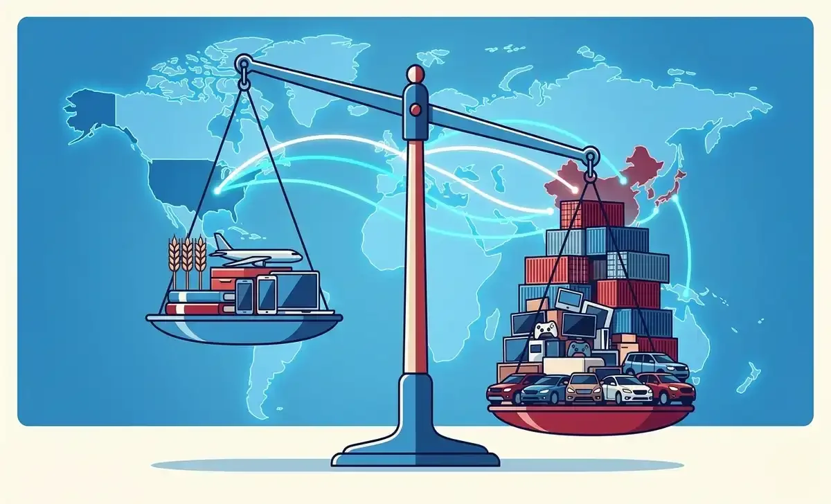 Balance scale showing the US trade gap with heavy imports outweighing exports, global shipping routes in background