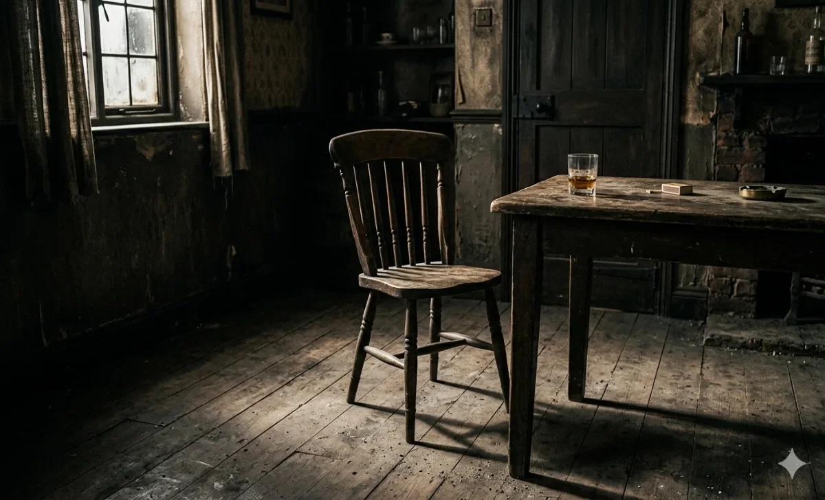 Empty chair in a dark 1920s room representing Arthur Shelby's absence in the Peaky Blinders movie