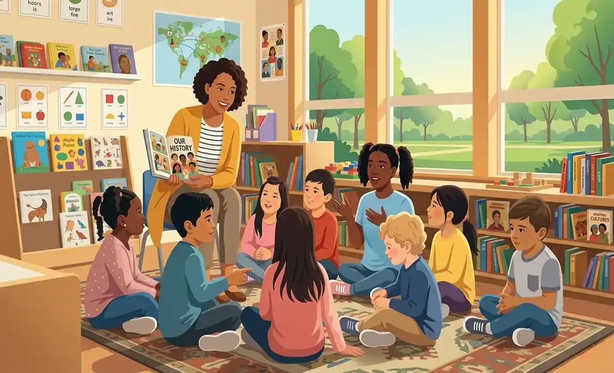 diverse students learning about racism education in a classroom