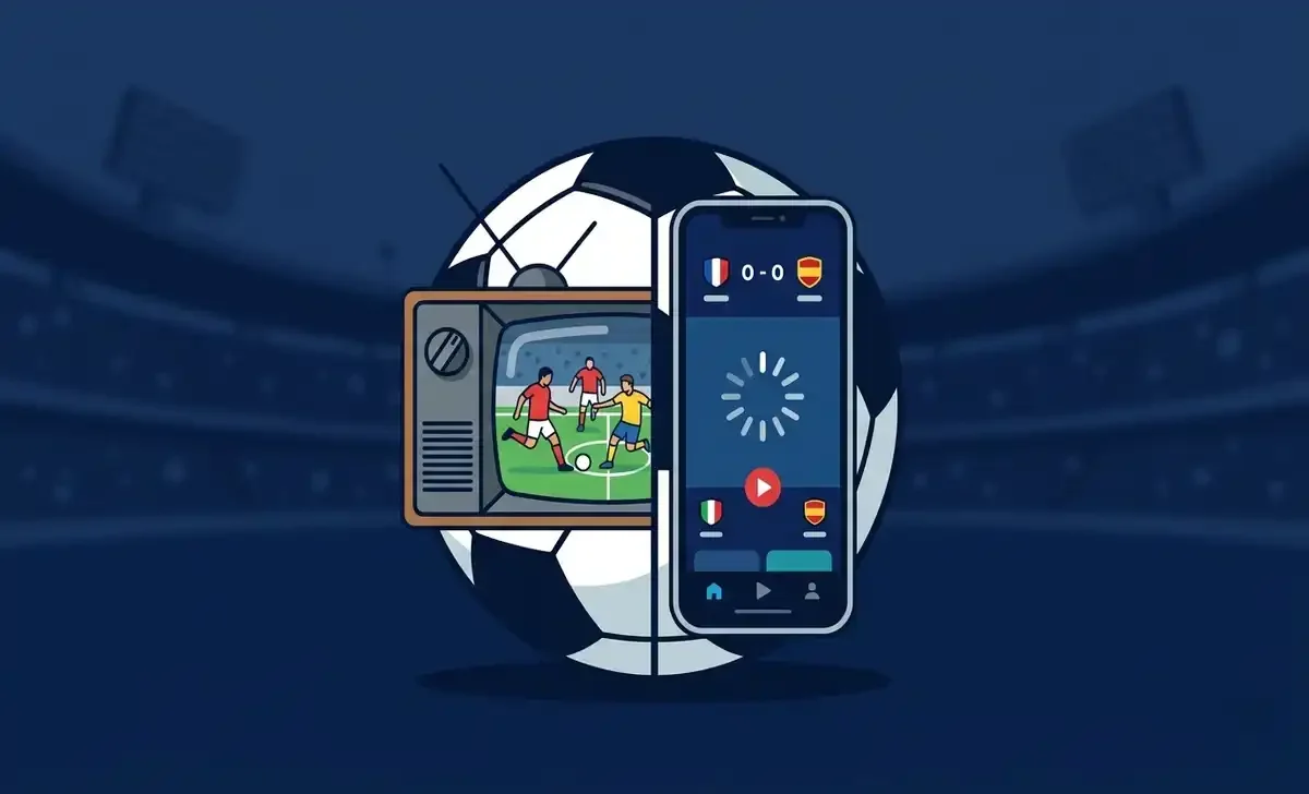 World Cup broadcast uncertainty — football stadium with TV screens showing signal lost and confused fans in the crowd